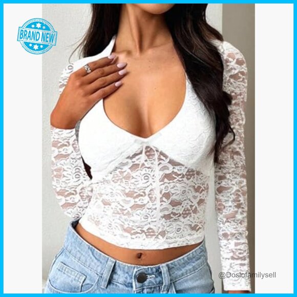 Lace Long Sleeve Blouse Y2K Deep V Neck Bow Tie Slim Fit Going Out Top - Picture 5 of 7